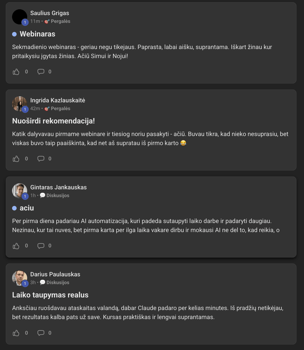 AI Studijos Skool bendruomenės pavyzdys — realus pokalbis